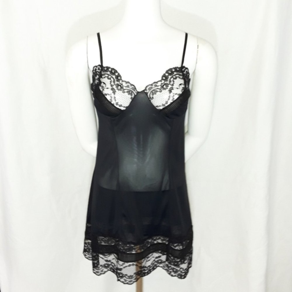 Lace Pleated Trim Solid Black Chantilly Slip M